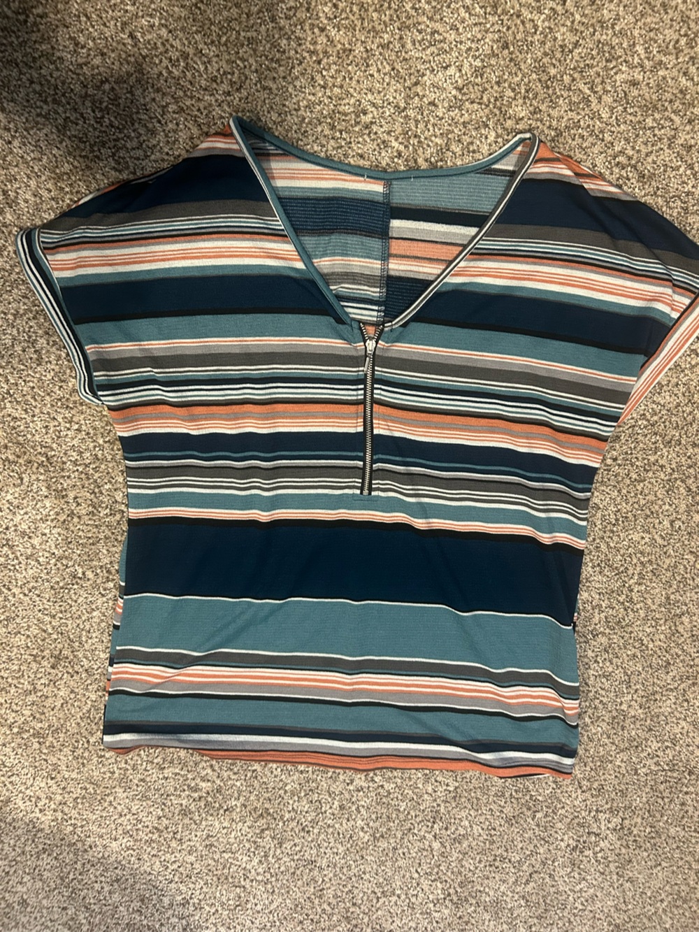 Striped V-Neck Short Sleeve Top in Teal and Navy medium